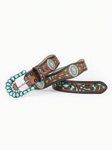 1pc Western Style Belt With Turquoise Carving Design, Vintage Buckle For Jeans, New Arrival | SHEIN