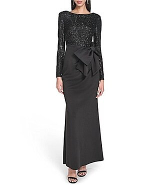 Eliza J Long Sleeve Sequin Waist Bow A-Line Gown - 6 | Dillard's