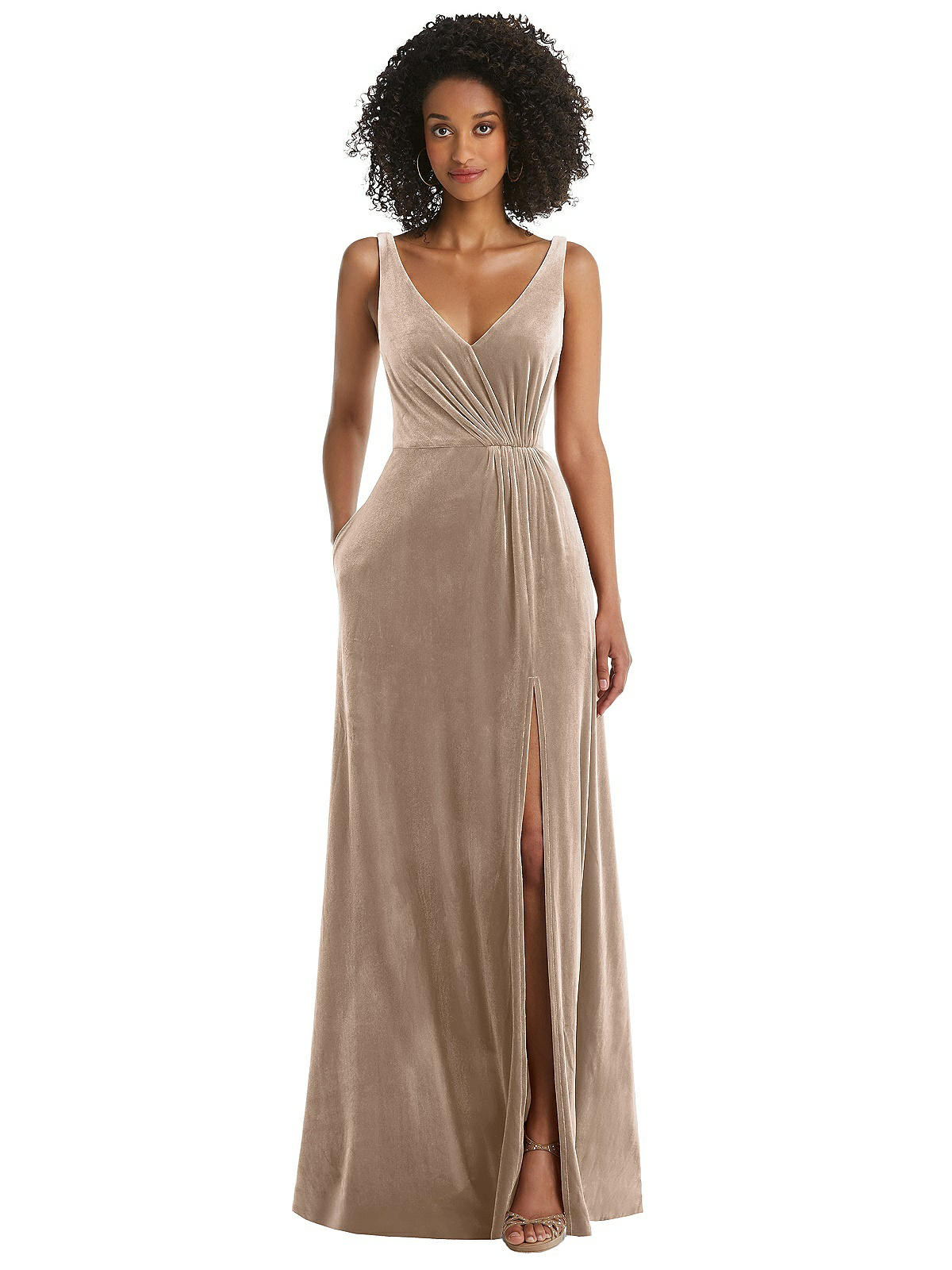Velvet Maxi Dress with Shirred Bodice and Front Slit in Topaz | The Dessy Group