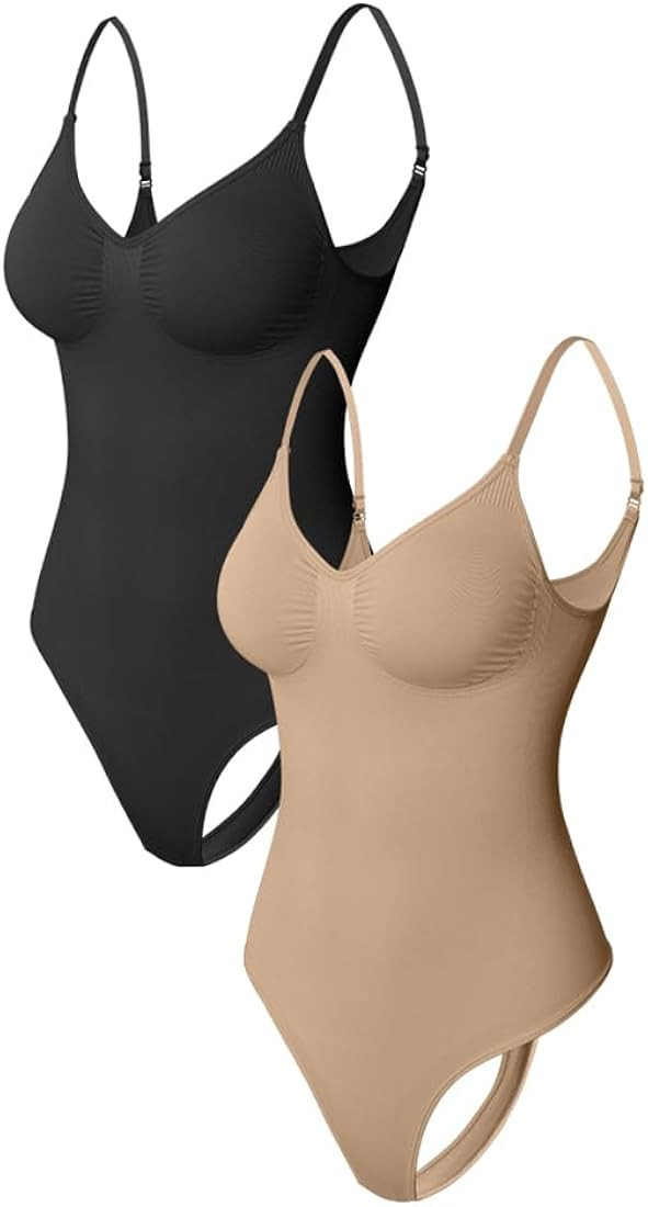 HYZ Women's Two Piece Shapewear Bodysuit Deep V Neck Tank Cami Thong Bodysuit Tops | Amazon (US)