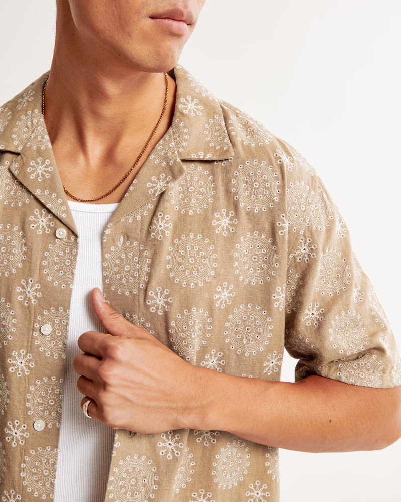 Camp Collar Summer Linen-Blend Embroidered Shirt | Abercrombie & Fitch (US)