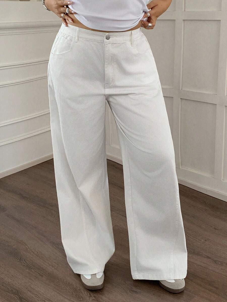 Dazy Plus Plus Size Women Straight Leg Long White Jeans, Casual All Season | SHEIN