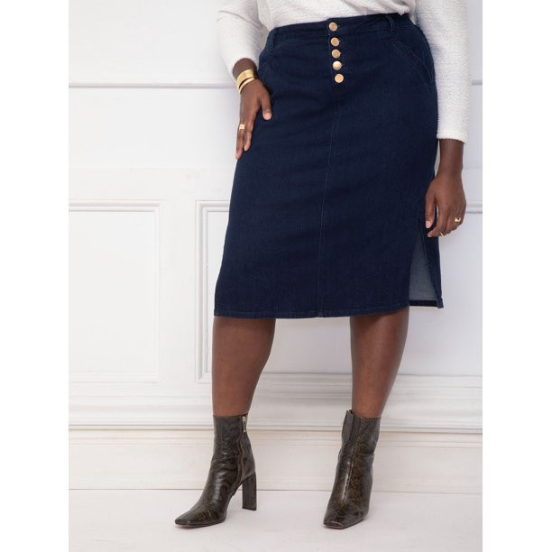 ELOQUII Elements Women's Plus High-Rise Button Fly Denim Skirt | Walmart (US)