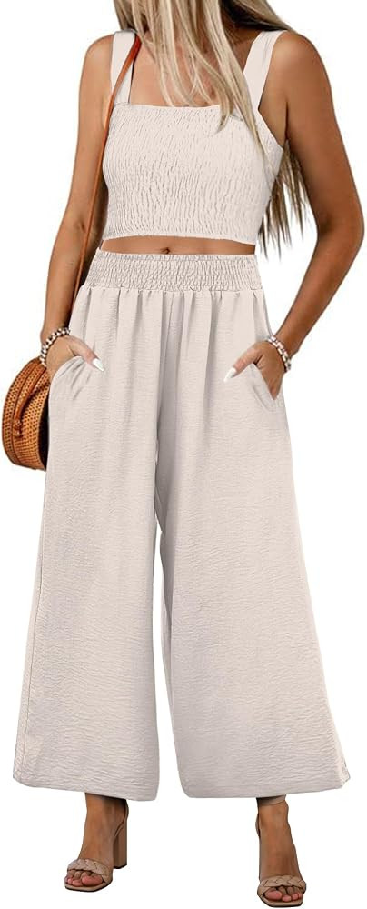 luvamia 2 piece Outfits for Women Summer Trendy Sleeveless Square Neck Crop Tank Tops Wide Leg Pa... | Amazon (US)