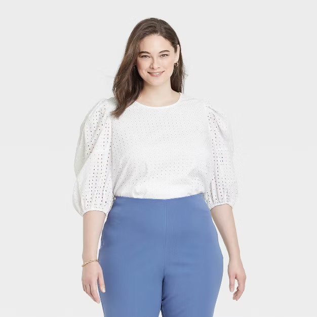 Women's Short Puff Sleeve Eyelet Top - A New Day™ | Target