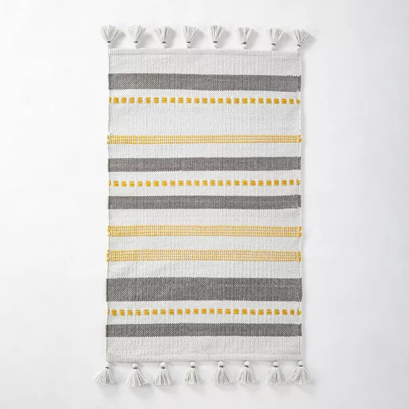 Indoor/Outdoor Multi Stripe Tassel Rug Gold/Gray - Hearth & Hand™ with Magnolia | Target