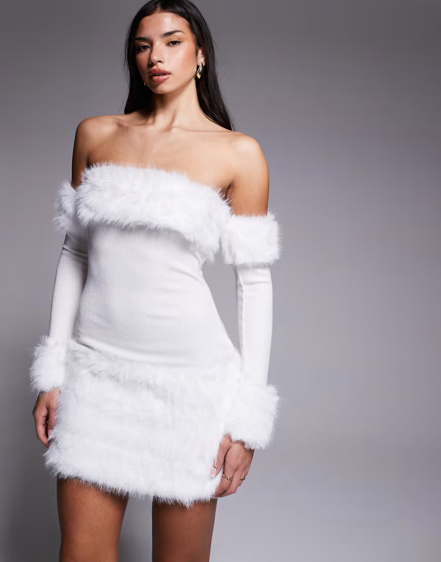 ASOS LUXE off the shoulder knit mini dress with faux fur trim in white | ASOS (Global)