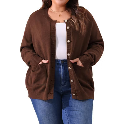 Agnes Orinda Women's Plus Size Classic Long Sleeve Knit Casual Front Button Down Cardigan 1X Dark Brown | Target