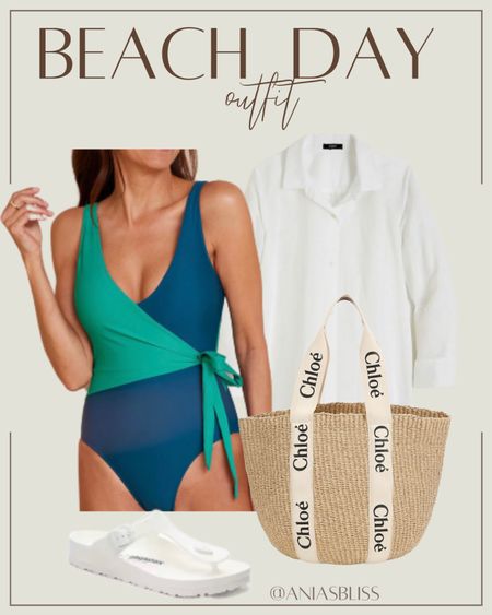 Beach day outfit, one piece swimsuit, swim cover up, beach bag, white sandals

#LTKswim #LTKtravel #LTKSeasonal