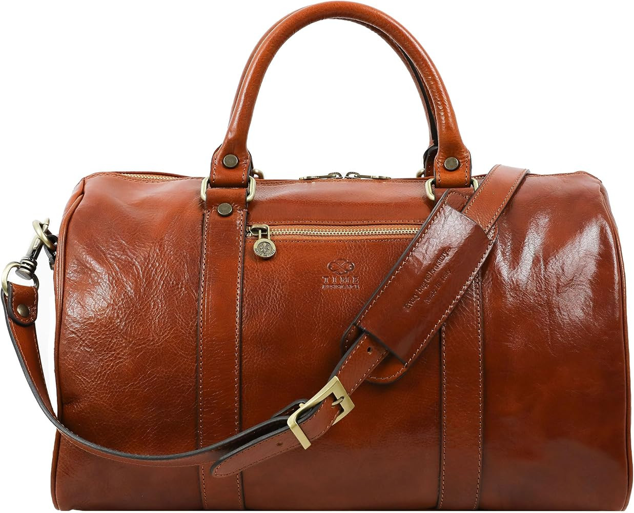 Time Resistance Full Grain Leather Small Duffel Bag - Gym Weekender Overnight Bag (Cognac Brown) | Amazon (US)