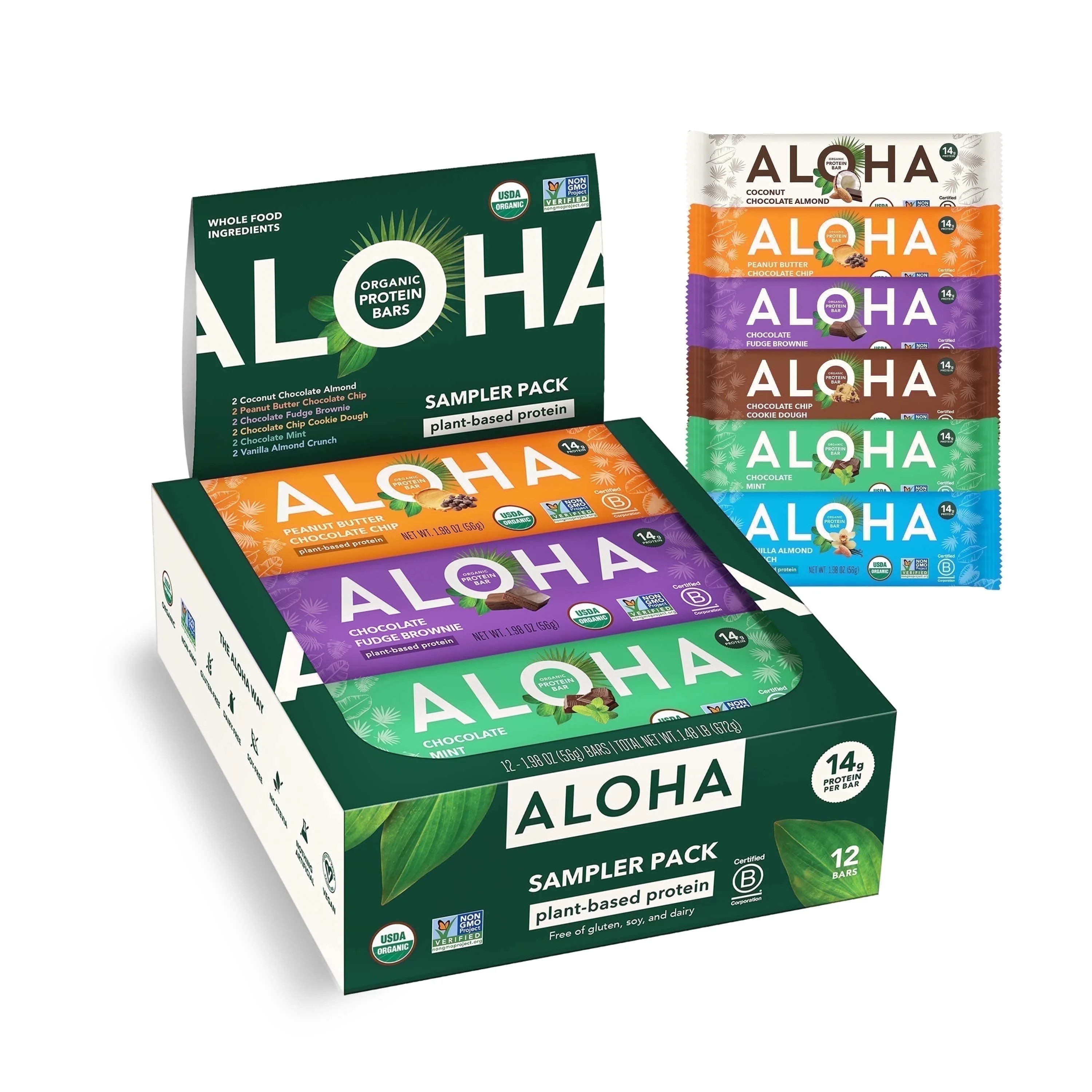 ALOHA Plant Based Protein Bars, 6 Flavor Sampler, 14g Protein (Pack of 12) | Walmart (US)