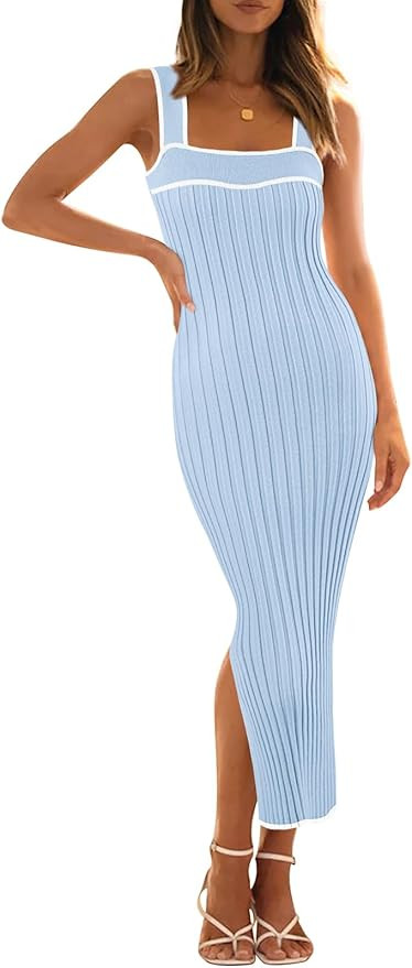 MEROKEETY Women's 2025 Summer Spring Striped Midi Dress Casual Sleeveless Ribbed Knit Bodycon Swe... | Amazon (US)