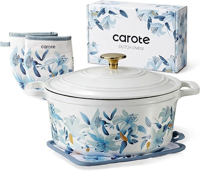 CAROTE 5 QT Cast Iron Dutch Oven Pot with Lid, Enameled Floral Dutch Ovens with Cotton Potholders... | Amazon (US)