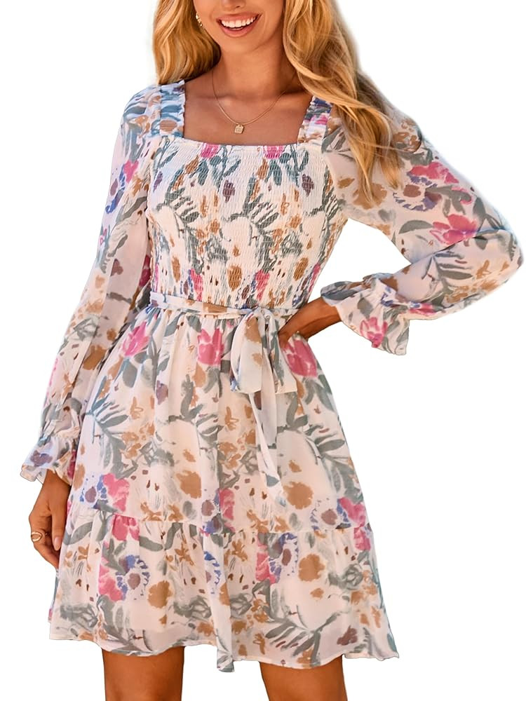 Simplee Womens Boho Long Sleeve Mini Dress Floral Square Neck Smocked A-Line Flowy Short Fall Wed... | Amazon (US)