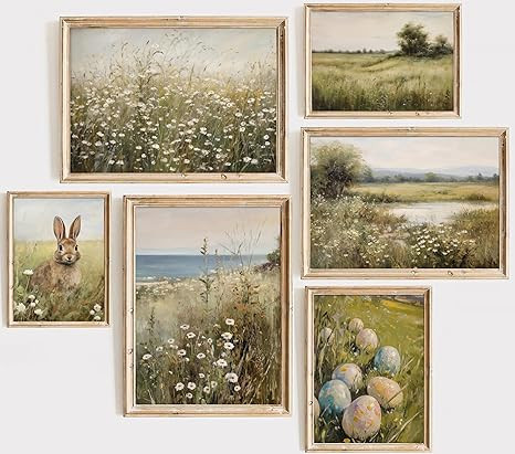 6Pcs Retro Bunny Easter Wall Art Vintage Rustic Rabbit Wall Decor Antique Rabbit Wildflower Poste... | Amazon (US)
