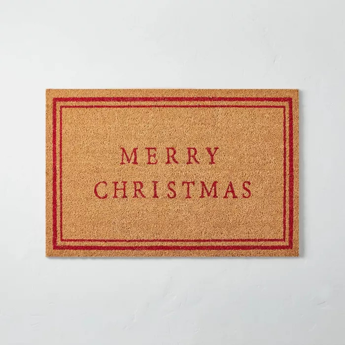 Merry Christmas Bordered Coir Doormat Tan/Red - Hearth & Hand™ with Magnolia | Target