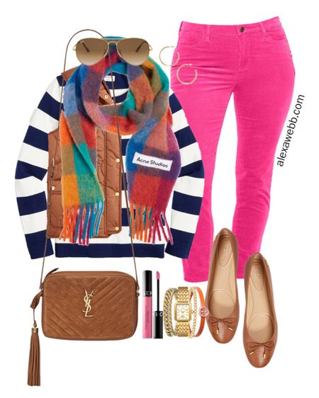 Plus size preppy fall outfit with hot pink corduroy jeggings, puffer vest, plaid scarf, and rugby stripe sweater. Plus size preppy, plussize preppy, fall preppy, Alexa Webb, cognac ballet flats, plus size pink pants, plus size pink jeans 

#LTKcurves #LTKSeasonal #LTKitbag