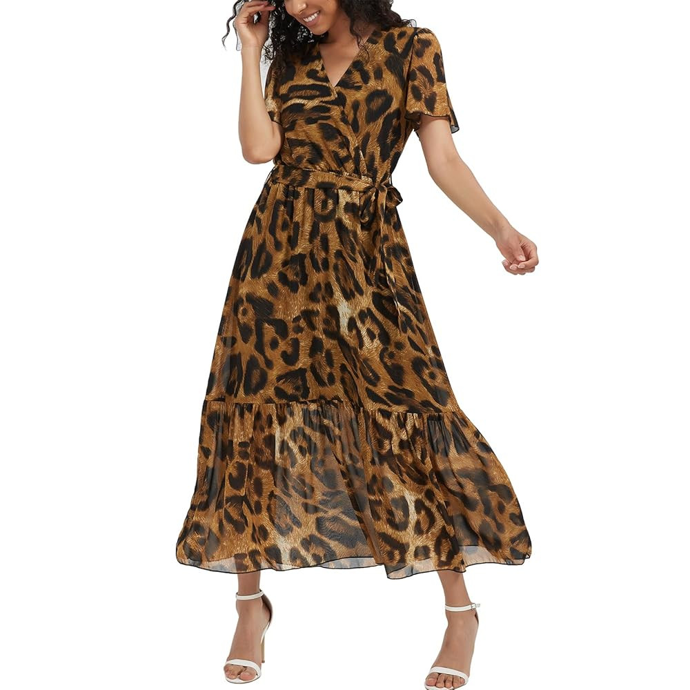 Women's Summer Bohemian Floral Chiffon Dress Cap Sleeve V Neck Ruffle Long Flowy Boho Casual Vaca... | Amazon (US)