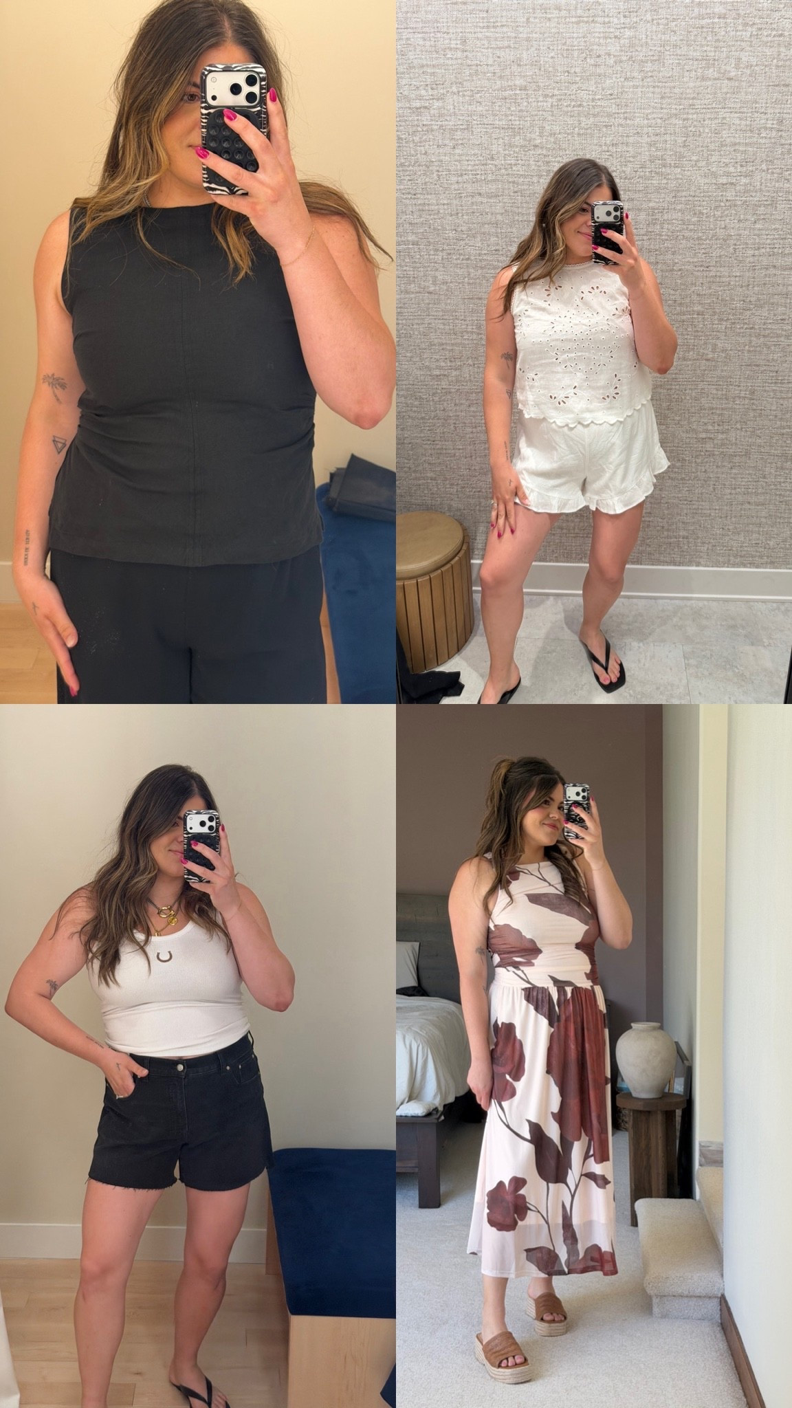 Recently tried on! 
Linen tank top from Madewell size 14
Cotton white set from Abercrombie size large in shorts and tank top
Black denim shorts Madewell size 32
Amazon special event wedding guest dress size xl
