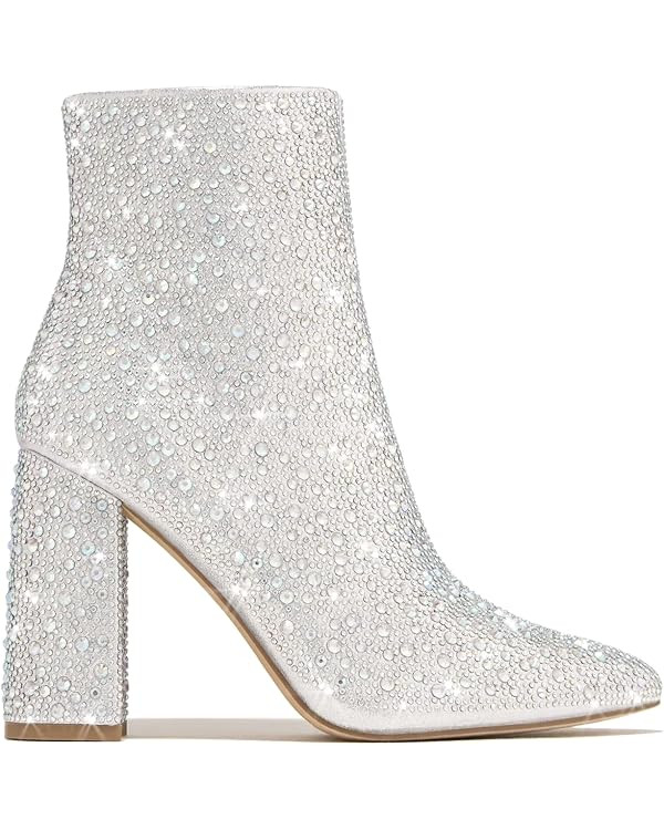 Women's Rhinestone Block Heel Mid Calf Ankle Booties Short Knee High Boots Runway-01 | Amazon (US)
