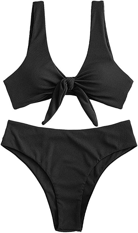 Amazon.com: ZAFUL Women's Tie Knot Front Sexy Bikini Swimsuit Front Ribbed Swimwear Set : Clothin... | Amazon (US)