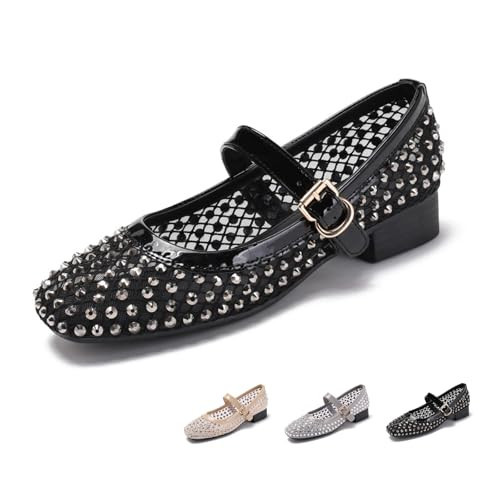 Women's Mesh Mary Jane Flats Square Toe Rhinestone Ballet Flats Sparkly Flats Casual Breathable with Adjustable Strap (Black,8.5) | Amazon (US)