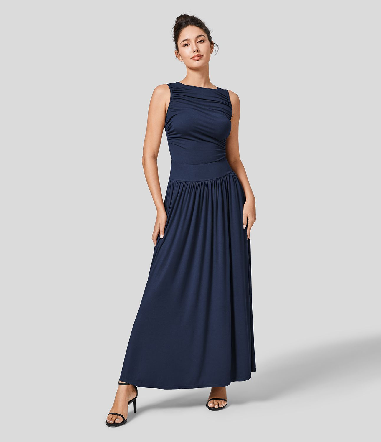 Women’s Ribbed Boat Neck Asymmetric Strap Ruched Side Pocket Flowy Maxi Casual Dress - Halara | HALARA