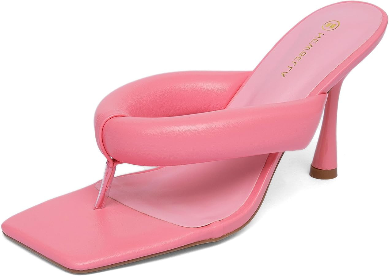NEWBELLA Women's Square Toe Heeled Sandals Thong Strap Stiletto Heel Slip On Dress Shoes Fashion ... | Amazon (US)