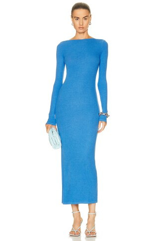 Enza Costa Silk Knit Long Sleeve Scoop Back Dress in Tranquil Blue | FWRD | FWRD 