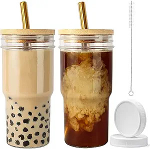 Xeiwagoo Reusable Boba/ Smoothie Tumbler, Glass, Bubble Tea Cup, 2 Pack Wide Mouth 22oz for Iced ... | Amazon (US)