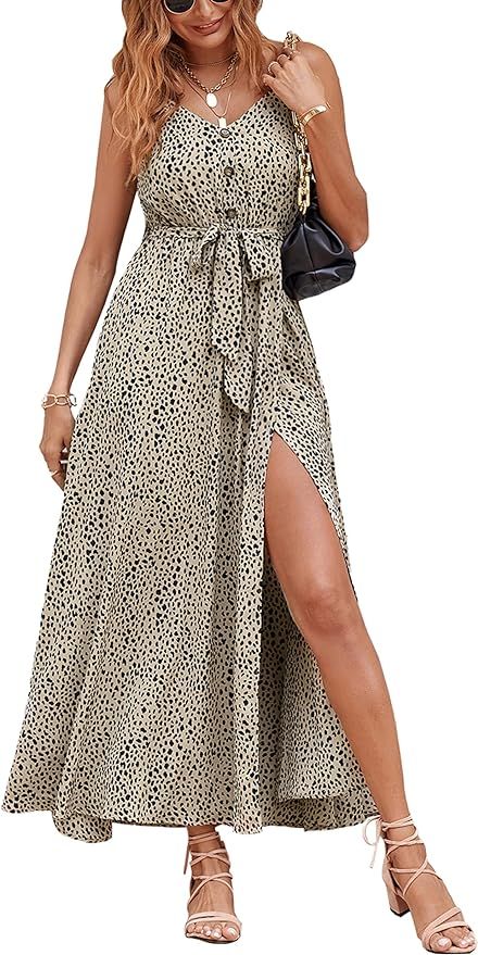 KIRUNDO Women's Summer Spaghetti Straps V Neck Leopard Long Dress Button Down Sleeveless Split Fl... | Amazon (US)