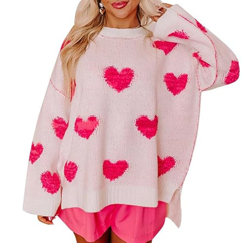 Women Heart Print Knit Pullover Sweater Long Sleeve Round Neck Love Pattern Sweaters Trendy Valentine Knitted Sweater Light Pink | Amazon (US)