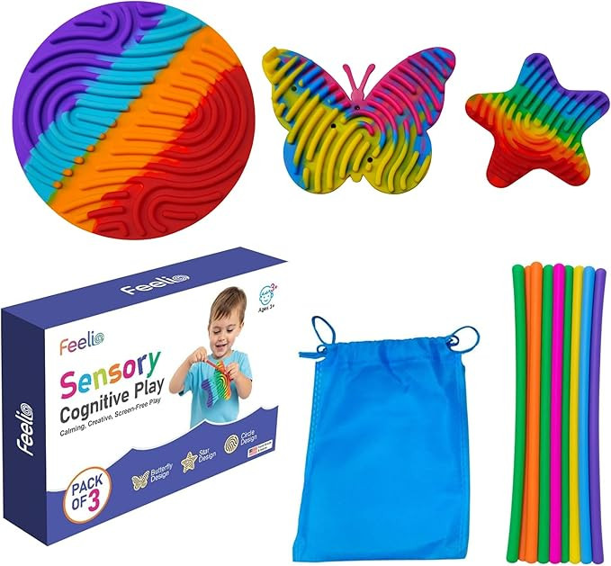 Feelio Sensory Activity Fidget Toy Pack of 3 | Silicone Busy Board for Kids and Adults | Stress R... | Amazon (US)