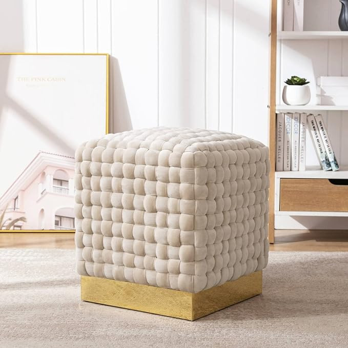HomeMiYN Velvet Ottoman Upholstered Square Woven Foot Rest Vanity Stool with Gold Trim for Living... | Amazon (US)