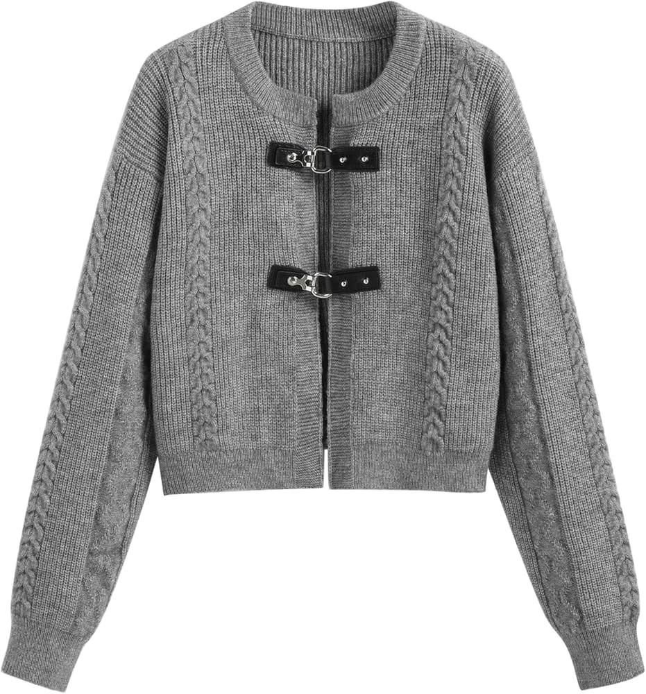 CIDER Cardigan Sweater for Women Round Neck Buckle Sweater Knitted Crop Top Long Sleeve Open Fron... | Amazon (US)