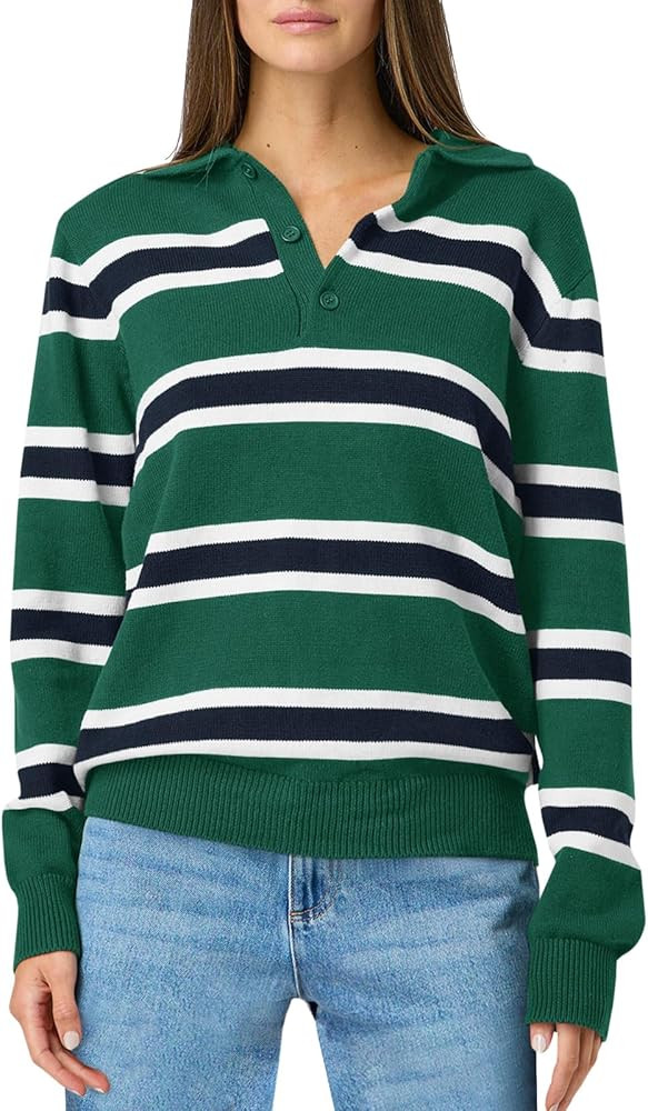 Saodimallsu Women's Striped Collared Sweaters Polo V Neck Button Up Rugby Shirts Long Sleeve Knit... | Amazon (US)
