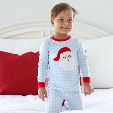 Happy Santa Blue Gingham Pajamas | Classic Whimsy