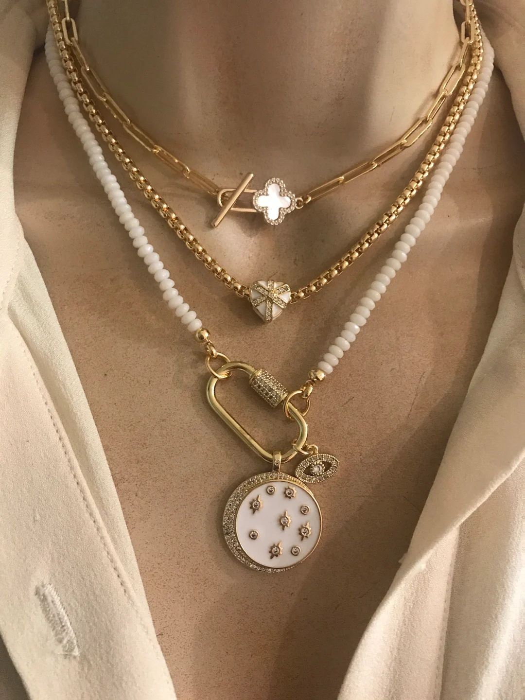 Enamel Gemstone Beaded Necklace/ Enamel Heart Sliding Necklace/ Mother of Pearl Toggle Necklace -... | Etsy (US)