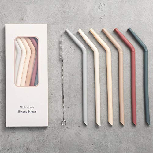 Nightingale Reusable Silicone Straws - Bendy Drinking Straw with Cleaning Brush - Collapsible and Bendable Travel Straw for Kids - Dishwasher Safe, Food-Safe - Set of 6 - Oak | Amazon (US)