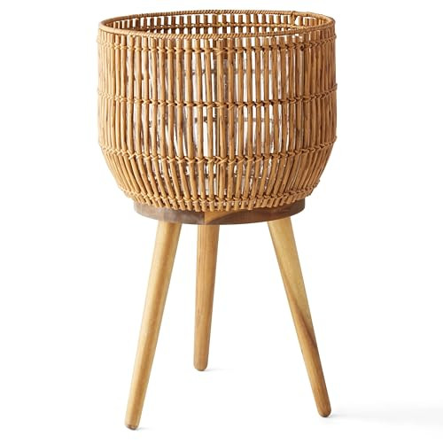 13 Inch Round Brown Resin Rattan Planter & Stand with Acacia Wood Legs, Decorative Indoor Outdoor Plant Pot for Patio & Living Room | Amazon (US)