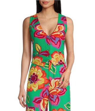 Multi Floral Printed Linen Blend Vest | Dillard's