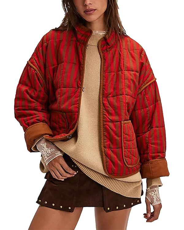 Womens Cropped Floral Puffer Jacket Lightweight Open Front Long Sleeve Padded Quilted Coat with P... | Amazon (US)