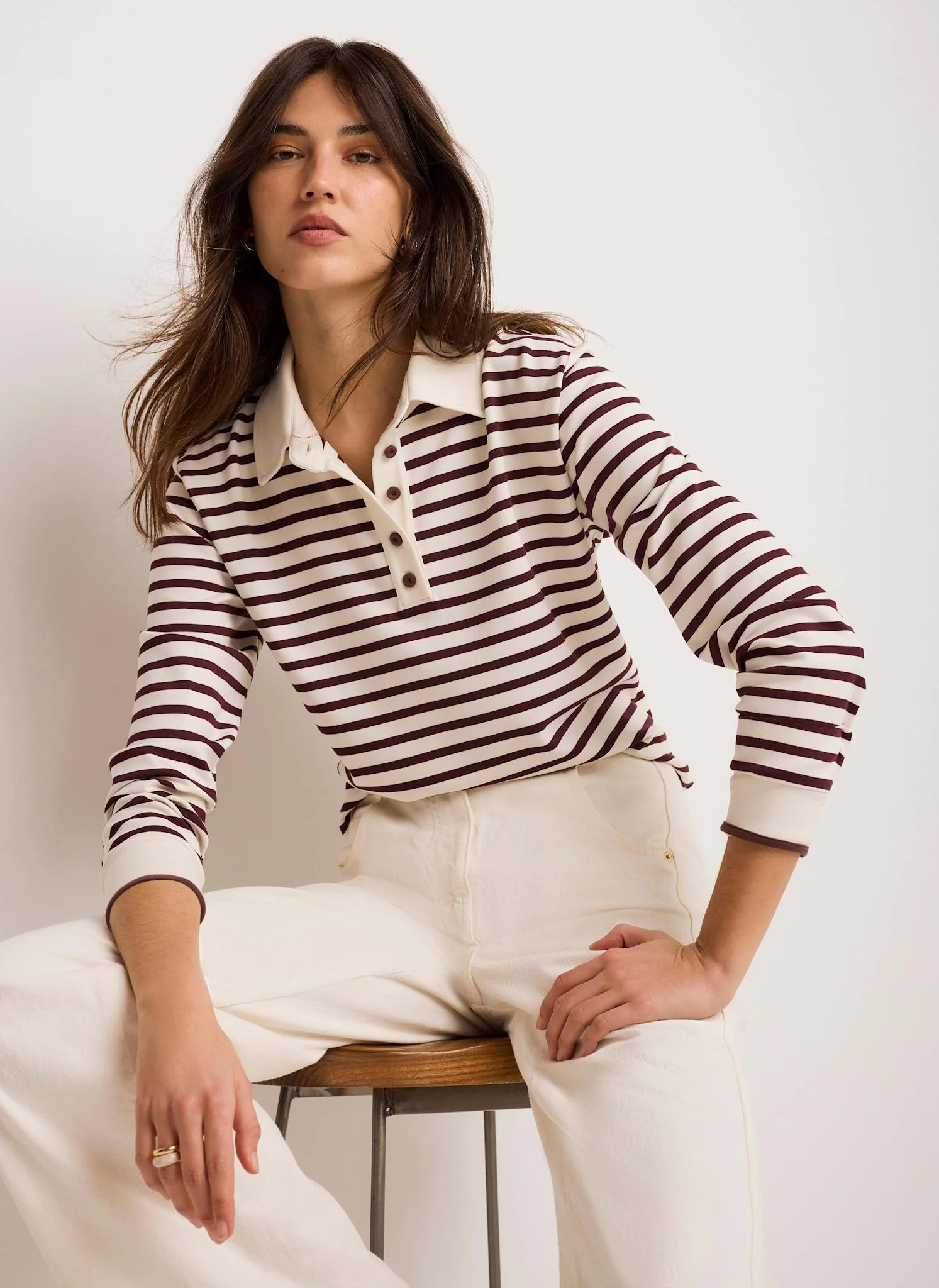 Burgundy Stripe Polo Shirt Top | Mint Velvet