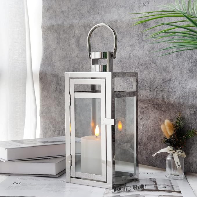 TRIROCKS Stainless Steel Decorative Lantern 12'' High Metal Hanging Lantern with Clear Glass Pane... | Amazon (US)