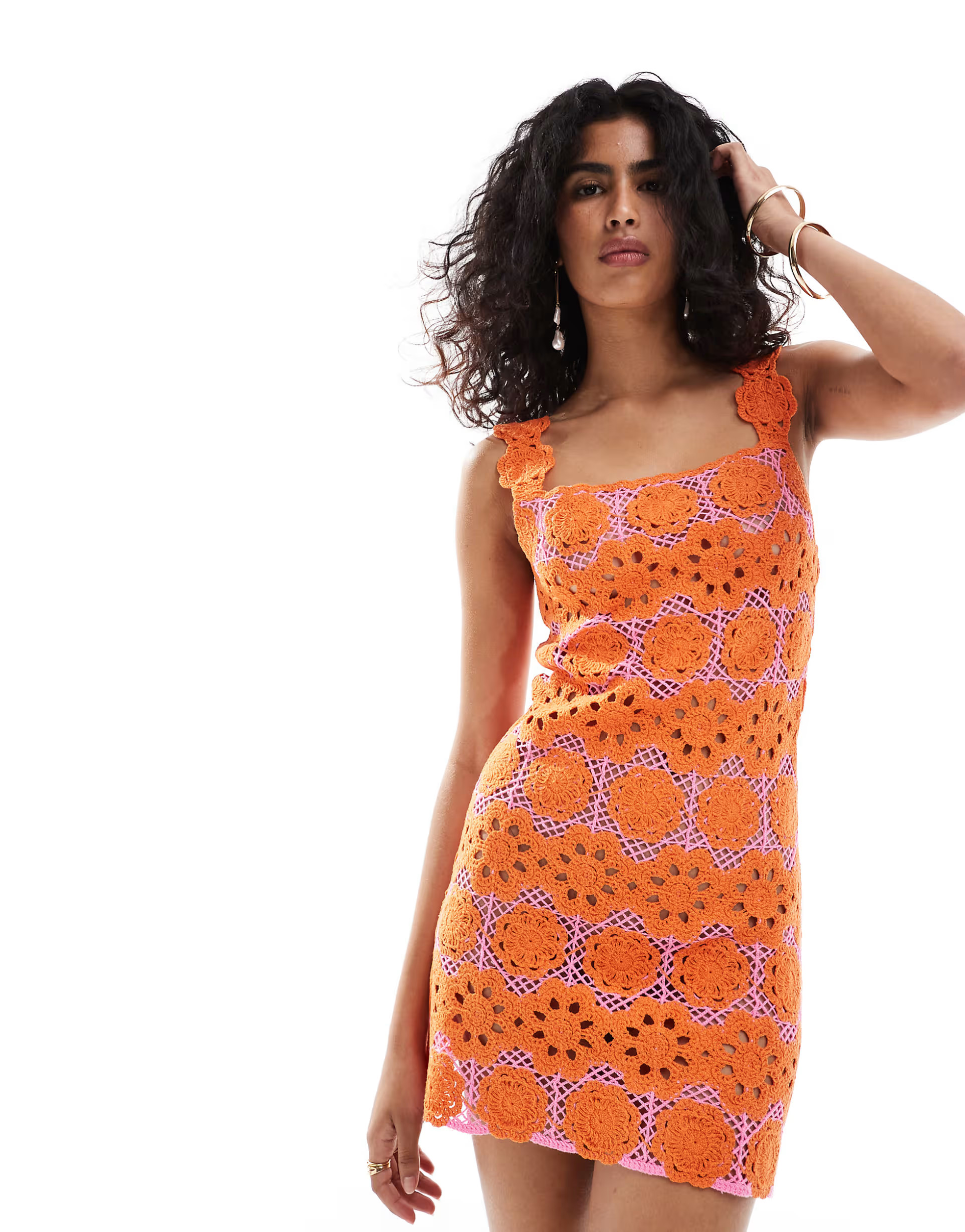 Mango crochet squared mini dress in pink and orange | ASOS (Global)