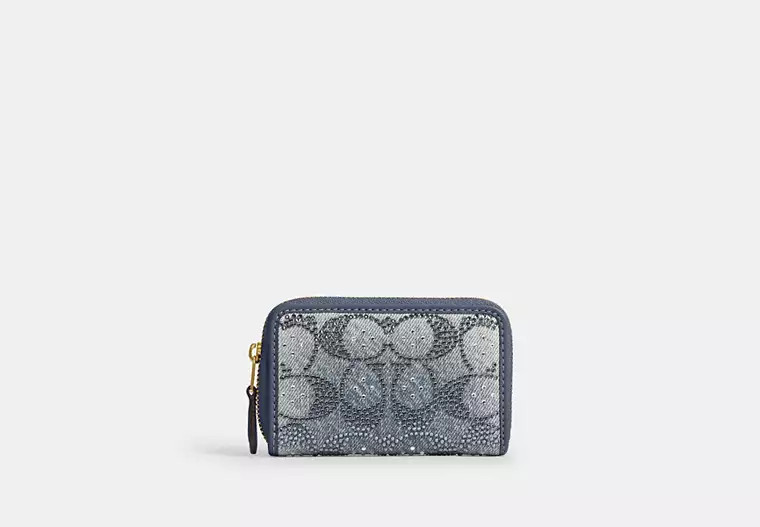 Essential Small Zip Around Card Case In Regenerative Cotton Denim With Crystal Signature | Coach (US)