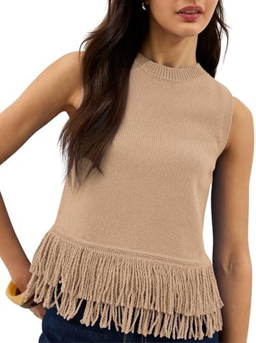 Women's Sleeveless Fringed Hem Knit Vest Summer Lightweight Crewneck Tank Tops | Amazon (US)