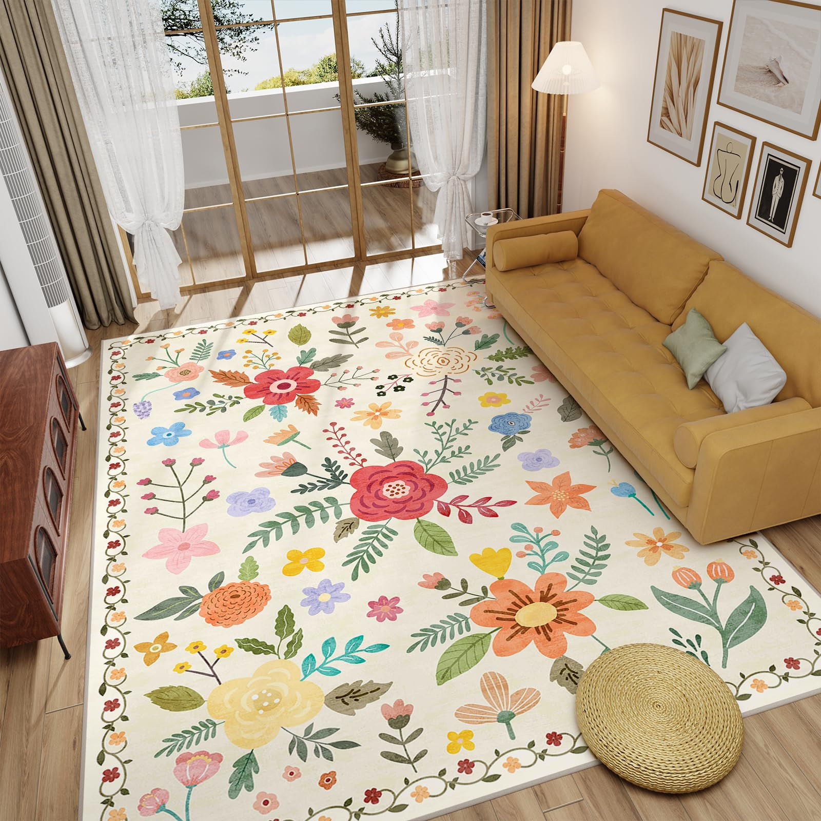 Machine Washable Area Rugs 4X6 - Washable Floral Rugs with Non Slip Backing for Living Room Bedro... | Amazon (US)