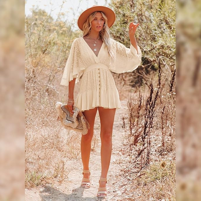 Women's Lace V Neck Mini Dresses Batwing Sleeve Backless Crochet Ruffle Mini Dresses | Amazon (US)