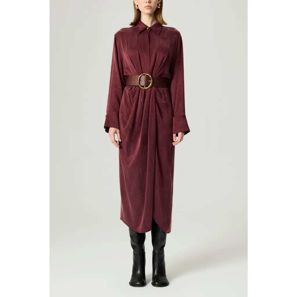 Nocturne Belted Draped Shirt-Collar Maxi Dress in Burgundy at Nordstrom, Size Medium Eu | Nordstrom
